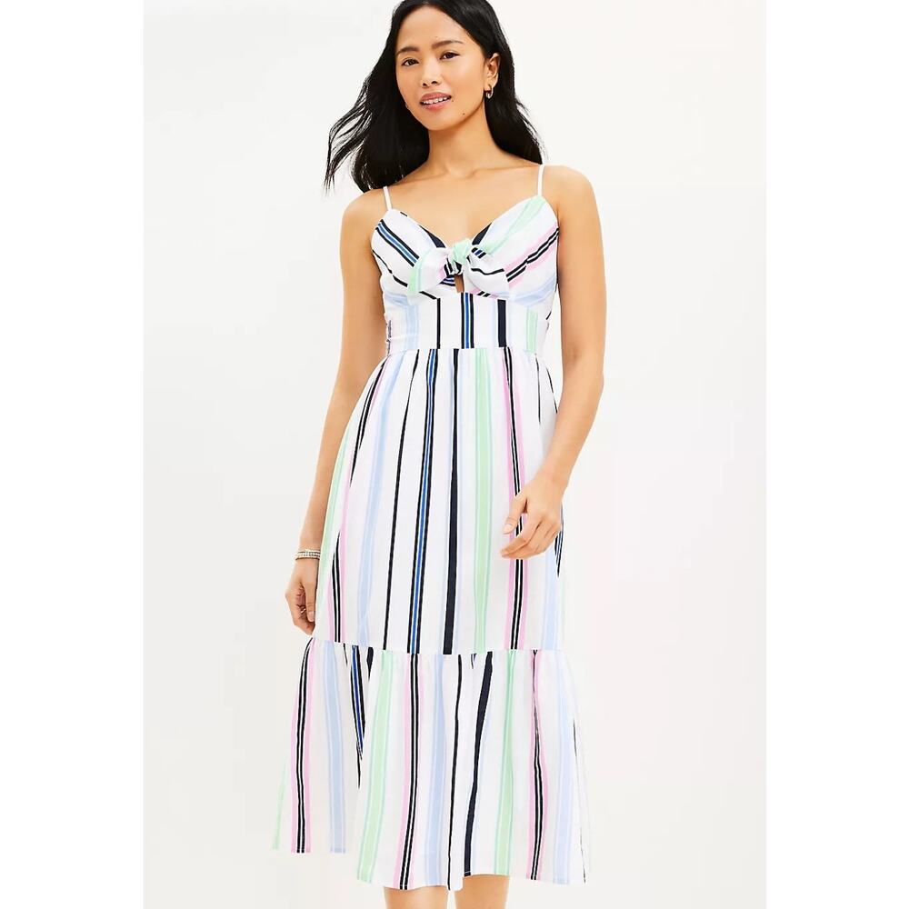 Loft Striped Tie Front Strappy Midi Dress Size MediumREAD‎